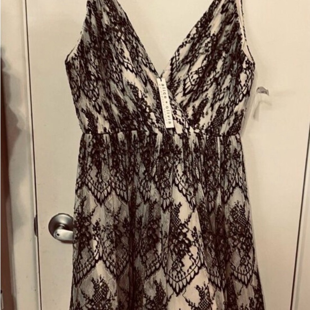 NWT Alice + Olivia Lace Clara Flare Dress Black and Ivory - Picture 8 of 16